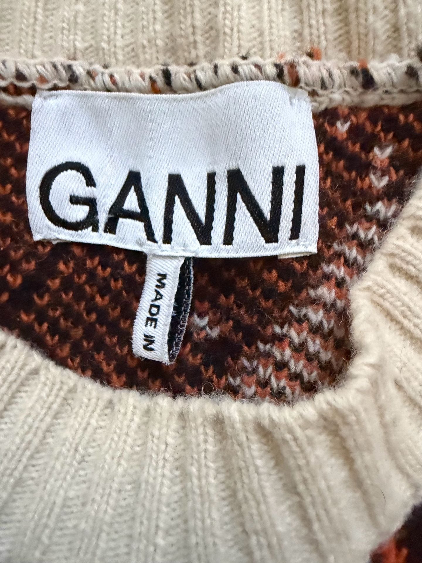 GANNI Argyle Wool Cropped Sweater with Pockets Brown Off White Orange SZ SM 8
