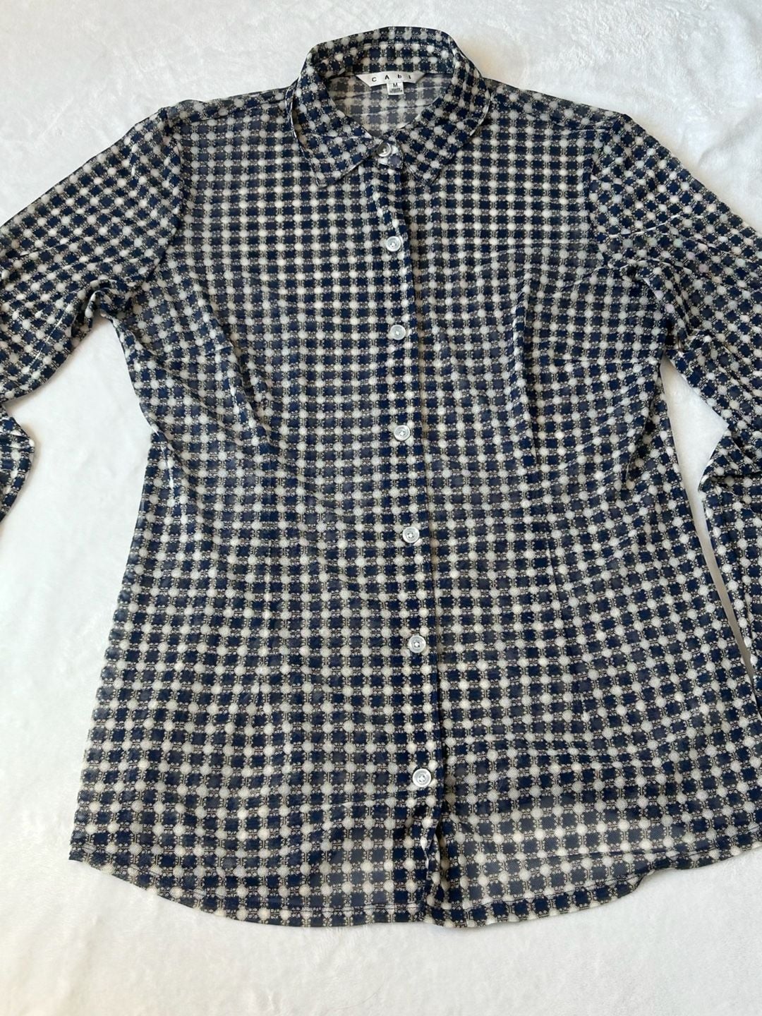 Cabi Navy Blue Gingham Sheer Button-Down Shirt Blouse Size M 12