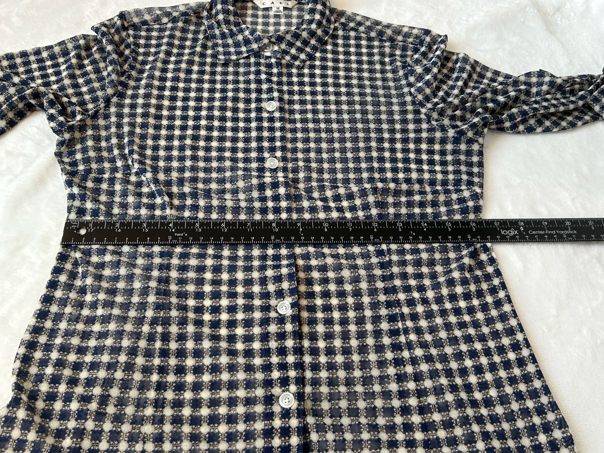 Cabi Navy Blue Gingham Sheer Button-Down Shirt Blouse Size M 14
