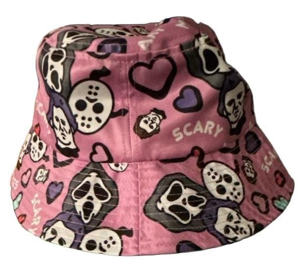 Ghost Face and Jason Voorhees Horror Movie Pink Graphic Print Bucket Hat 2