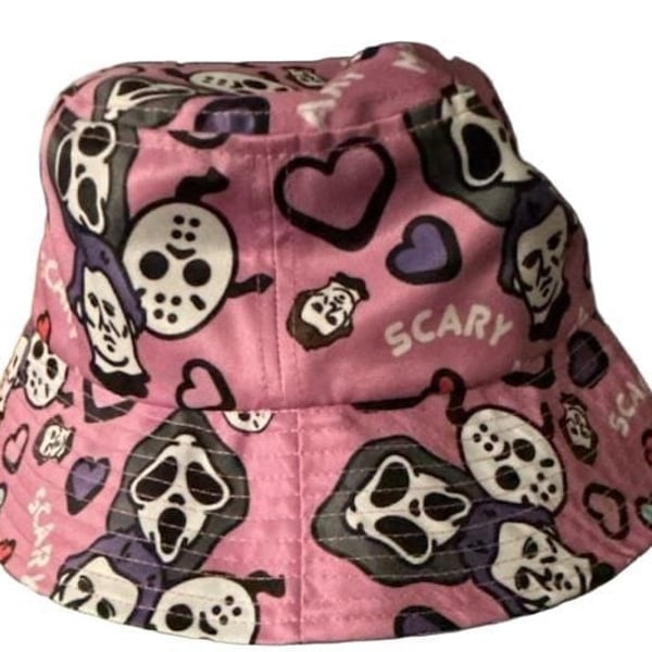 Ghost Face and Jason Voorhees Horror Movie Pink Graphic Print Bucket Hat