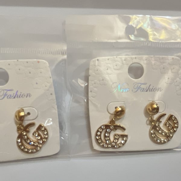 Gucci Style Gold-Tone Crystal Double G Marmont Stud Earrings Set