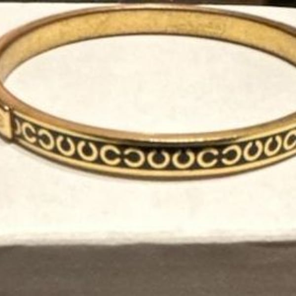 Coach Goldtone and Black Enamel Signature C Hinge Bangle Bracelet