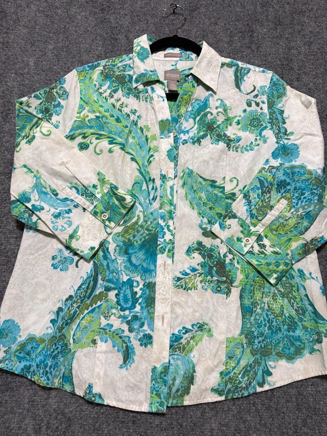 Chico'S Wrinkle Resistant Teal Paisley Button Shirt
M162 3