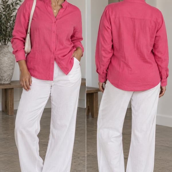 Jones New York Sport Pink Linen Mandarin Collar Shirt M
M164
