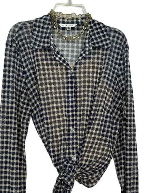 Cabi Navy Blue Gingham Sheer Button-Down Shirt Blouse Size M 2