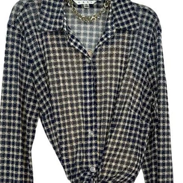 Cabi Navy Blue Gingham Sheer Button-Down Shirt Blouse Size M