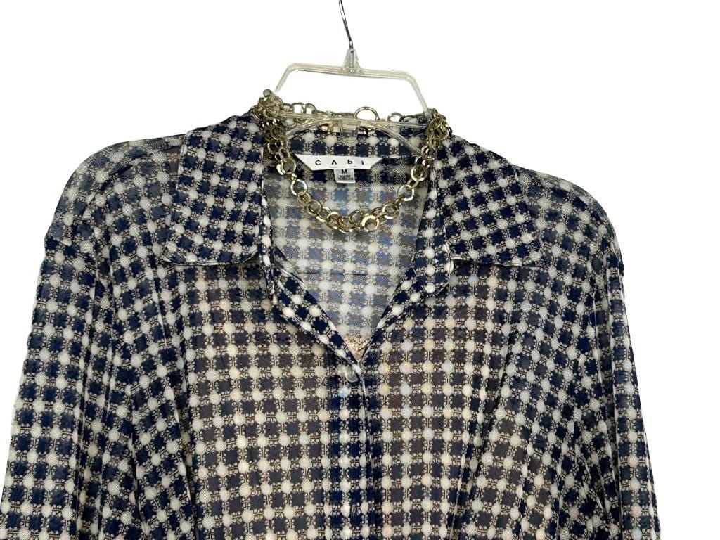 Cabi Navy Blue Gingham Sheer Button-Down Shirt Blouse Size M 3