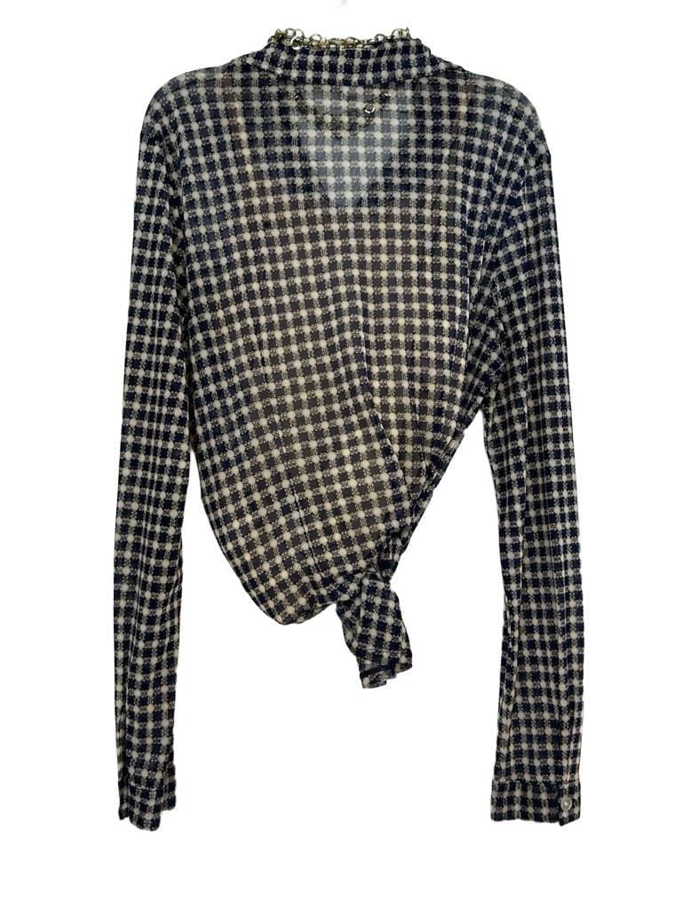 Cabi Navy Blue Gingham Sheer Button-Down Shirt Blouse Size M 4