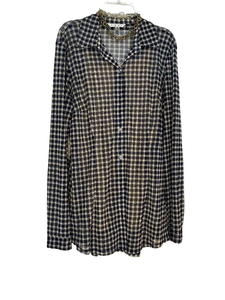 Cabi Navy Blue Gingham Sheer Button-Down Shirt Blouse Size M 6