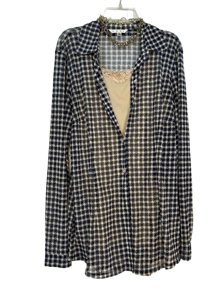 Cabi Navy Blue Gingham Sheer Button-Down Shirt Blouse Size M 7