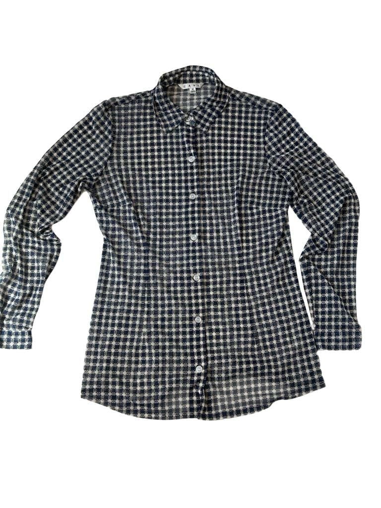 Cabi Navy Blue Gingham Sheer Button-Down Shirt Blouse Size M 9