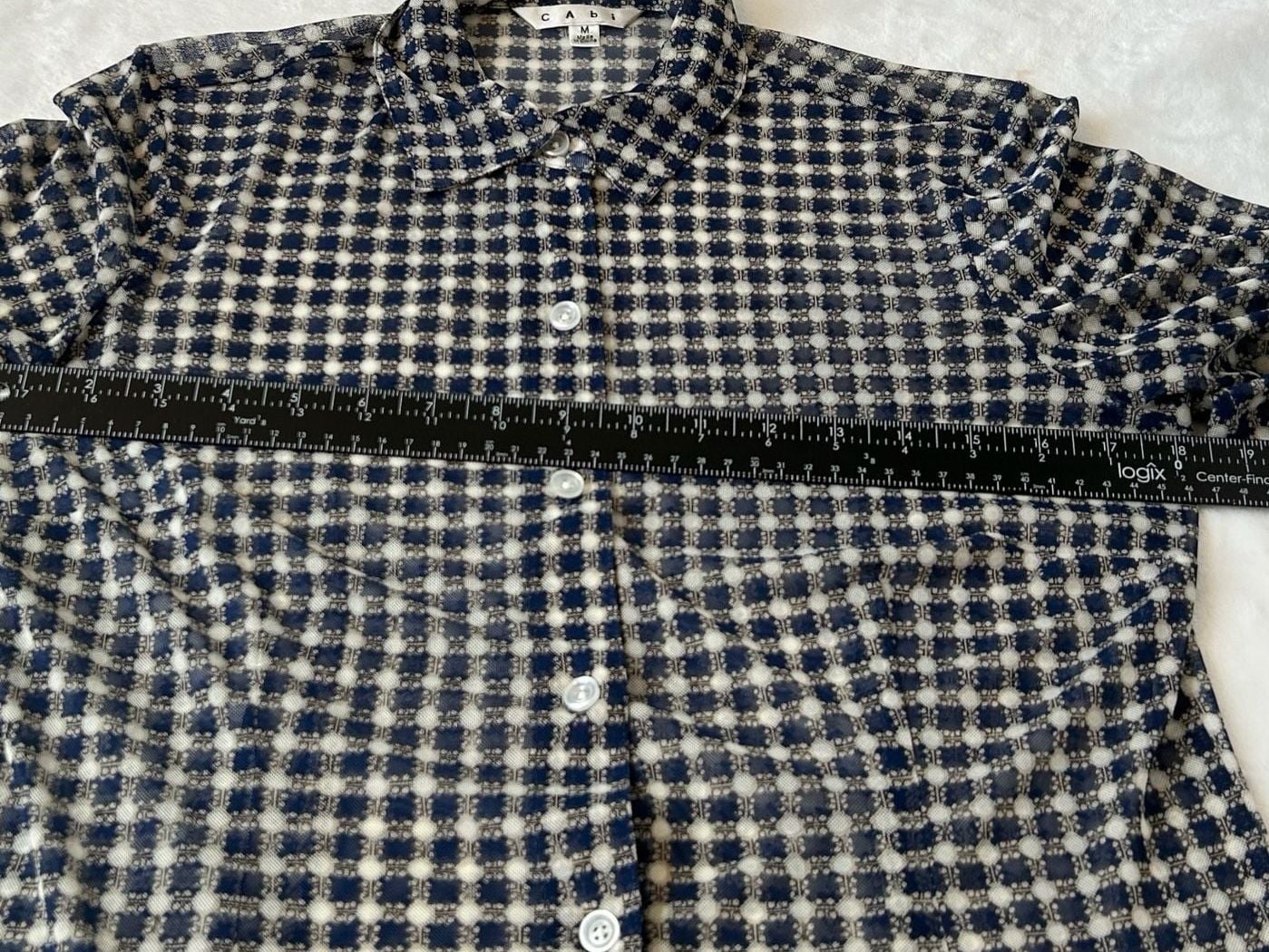 Cabi Navy Blue Gingham Sheer Button-Down Shirt Blouse Size M 13