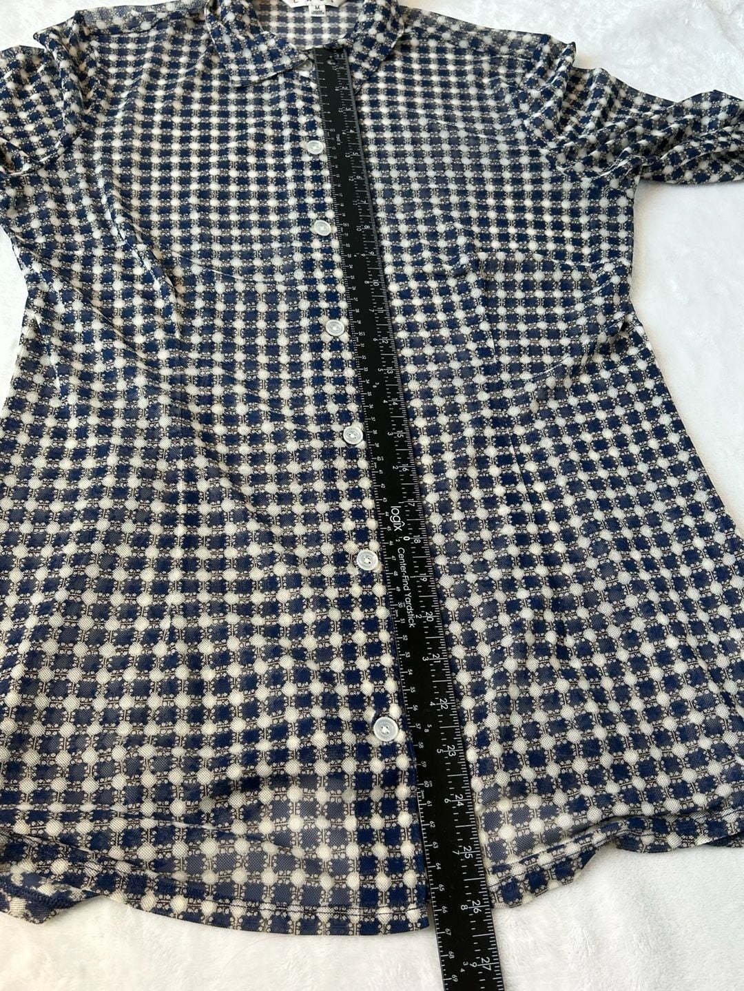 Cabi Navy Blue Gingham Sheer Button-Down Shirt Blouse Size M 15