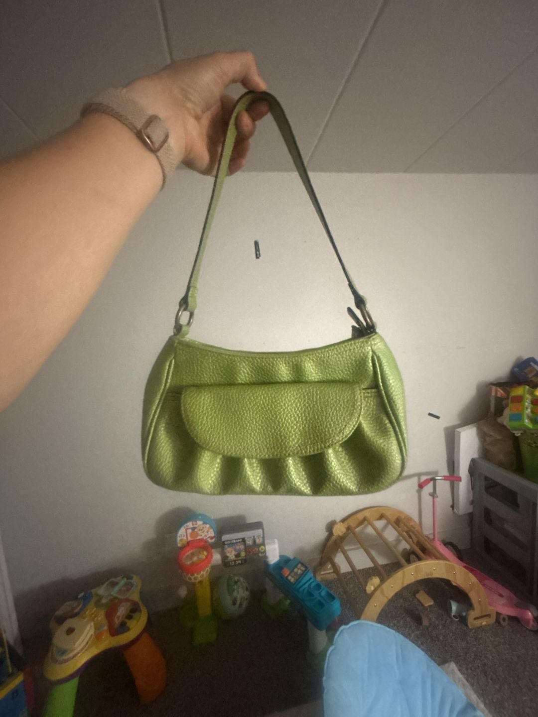 Mondani New York Green Textured Faux Leather Shoulder Bag with Flap Pocket 2