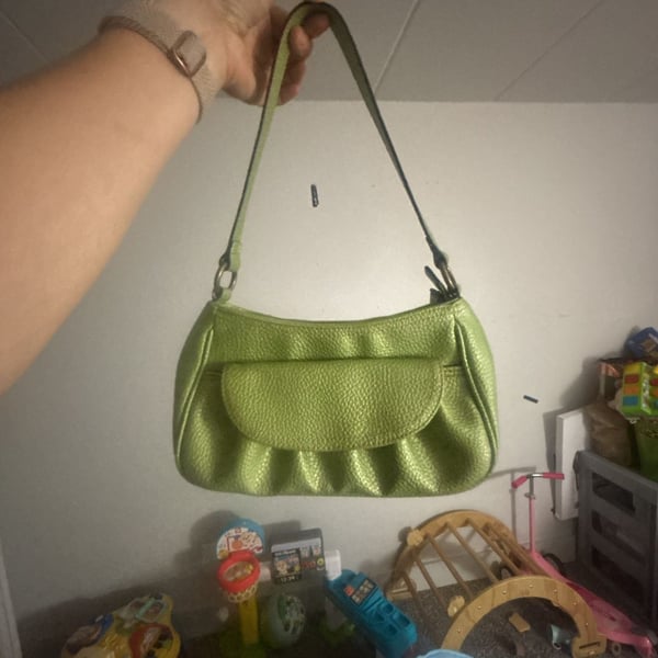 Mondani New York Green Textured Faux Leather Shoulder Bag with Flap Pocket