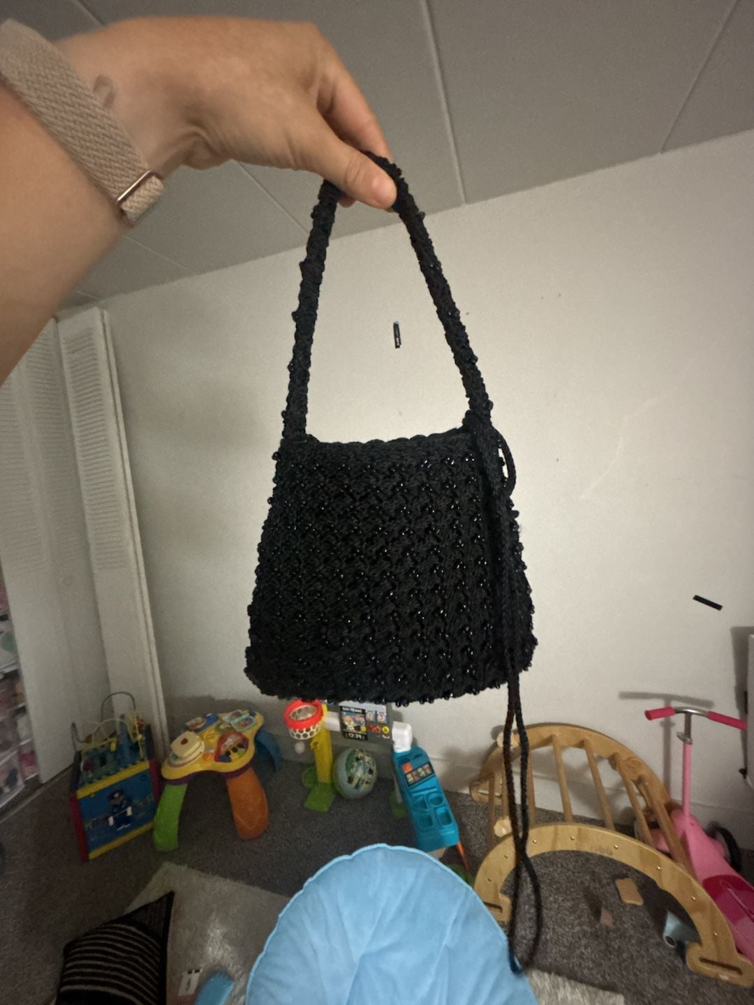 Vintage Black Crochet Beaded Shoulder Bag Purse 2
