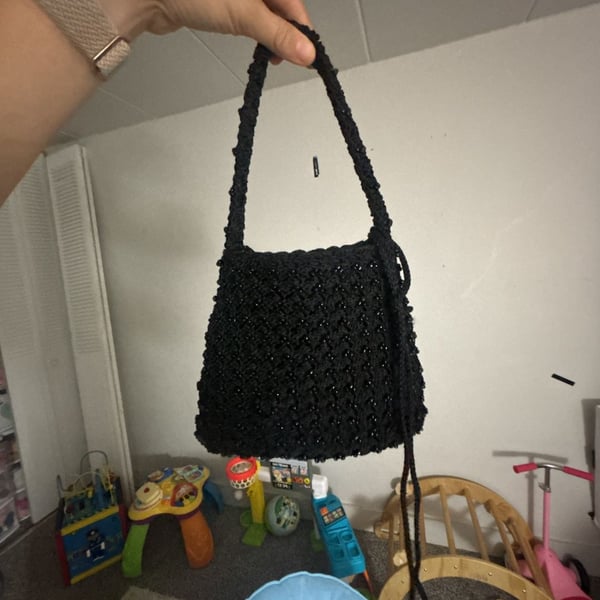 Vintage Black Crochet Beaded Shoulder Bag Purse