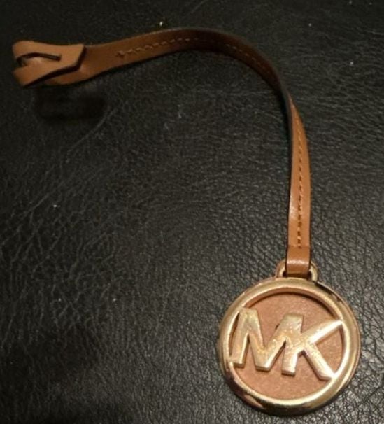 Michael Kors MK Logo Gold Tone Bag Charm with Brown Leather Strap 1