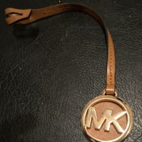 Michael Kors MK Logo Gold Tone Bag Charm with Brown Leather Strap