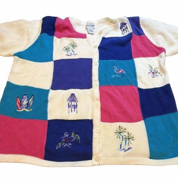 Alfred Dunner Vintage Patchwork Knit Short Sleeve Cardigan Sweater