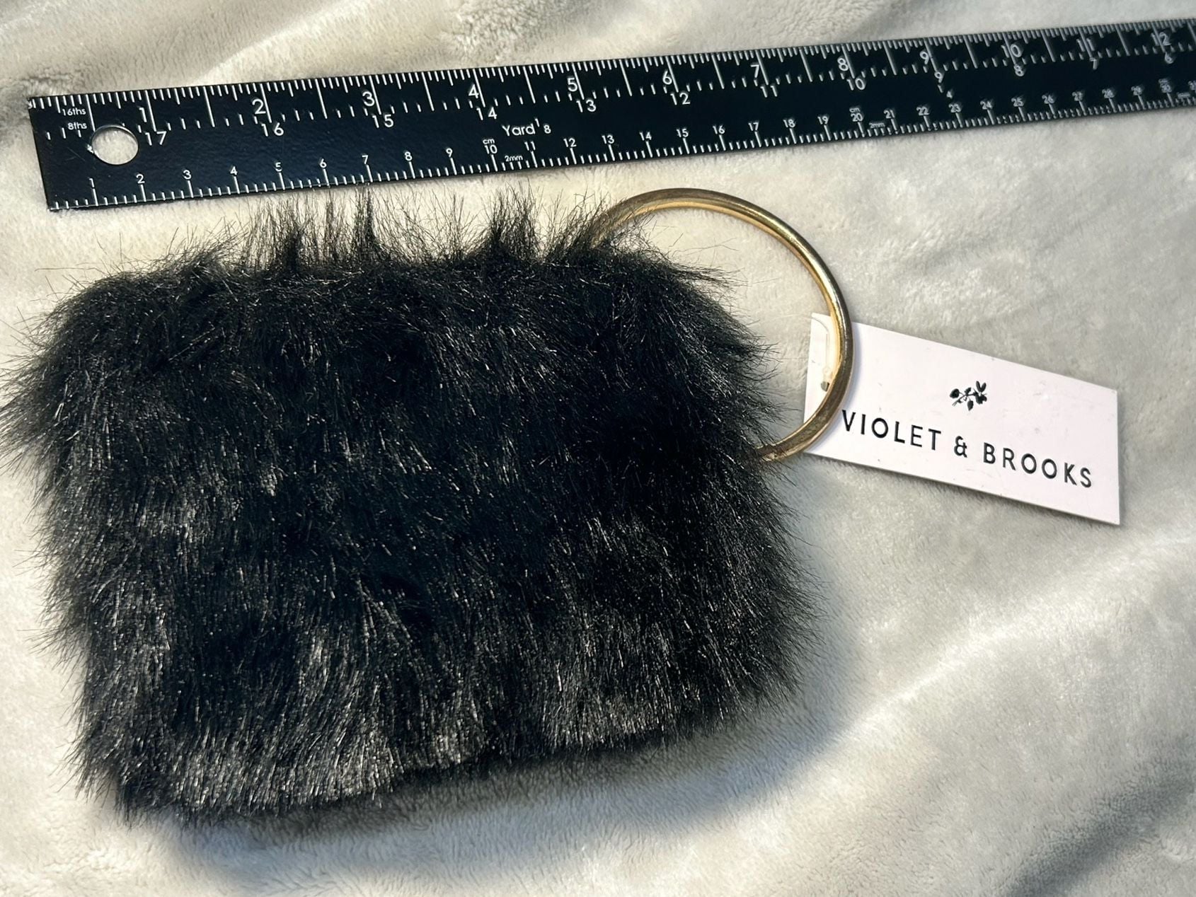 Violet & Brooks Black Faux Fur Wristlet Pouch Key Ring NWT 4