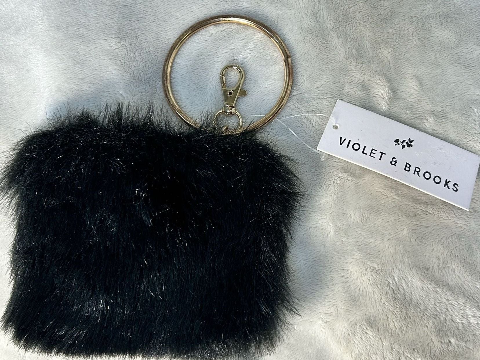Violet & Brooks Black Faux Fur Wristlet Pouch Key Ring NWT 2