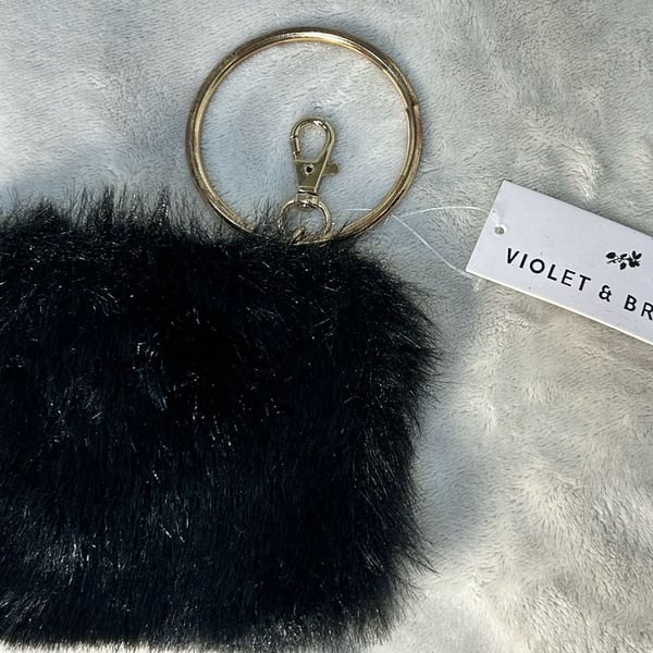 Violet & Brooks Black Faux Fur Wristlet Pouch Key Ring NWT
