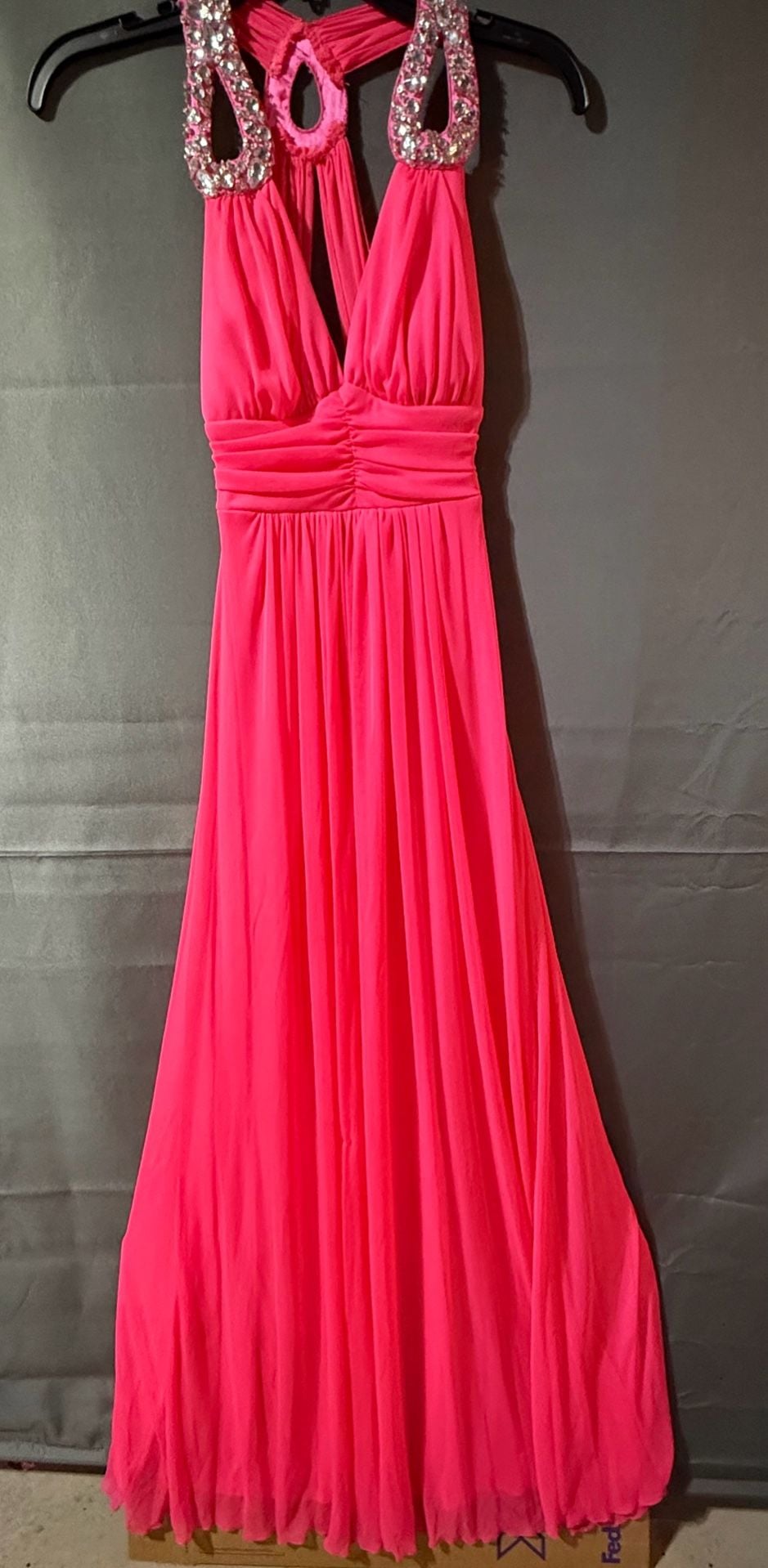 Pink Halter Rhinestone Chiffon Evening Maxi Dress 2