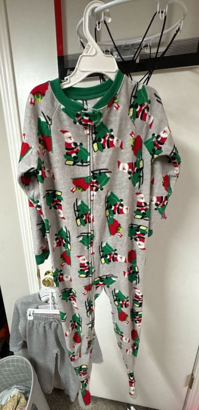 Santa Sleigh Reindeer Christmas Footed Zip-Up Fleece Pajama Onesie 2