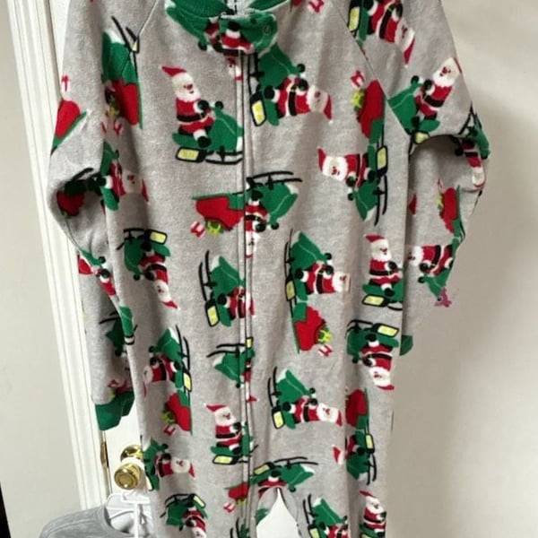 Santa Sleigh Reindeer Christmas Footed Zip-Up Fleece Pajama Onesie