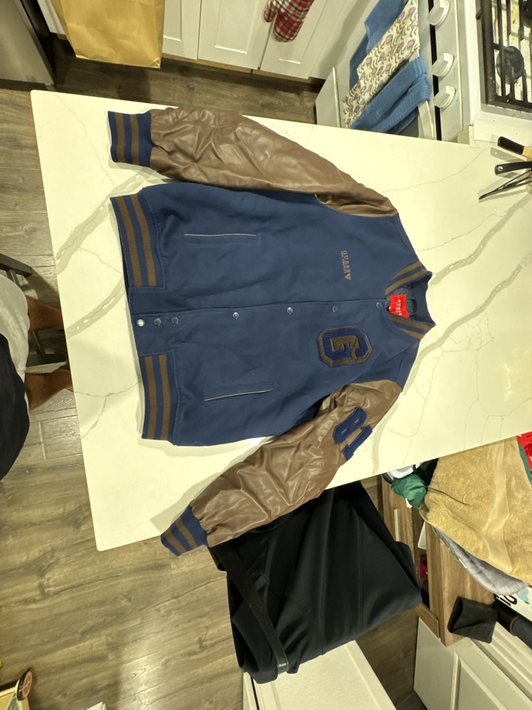 Guess Los Angeles Navy Blue and Brown Faux Leather Varsity Jacket 2