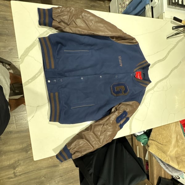 Guess Los Angeles Navy Blue and Brown Faux Leather Varsity Jacket