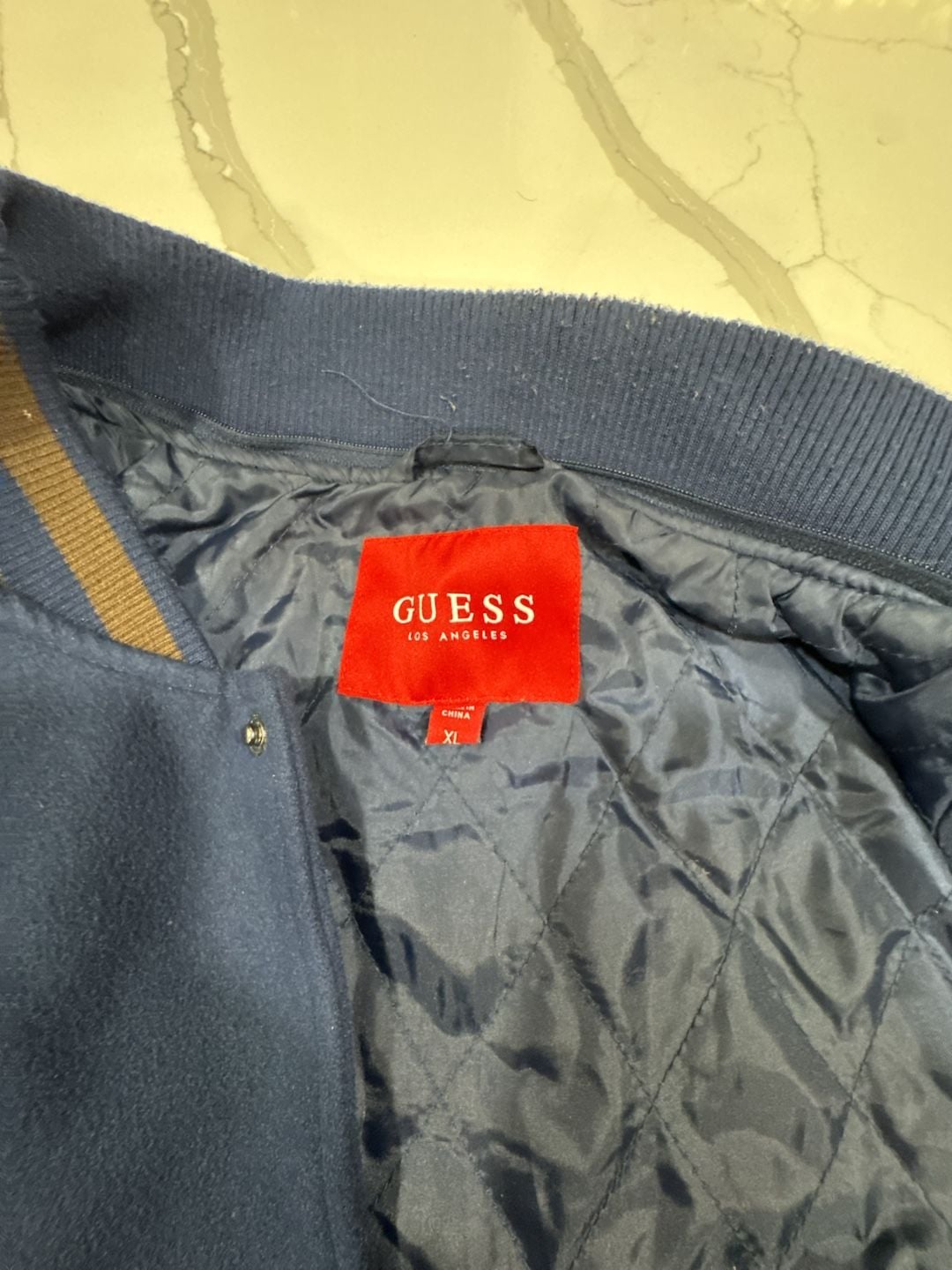 Guess Los Angeles Navy Blue and Brown Faux Leather Varsity Jacket 3