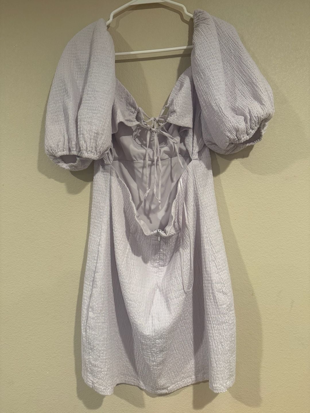 GUESS Lilac Shirred Puff Sleeve Mini Dress with Tie Back Sz.XL 5