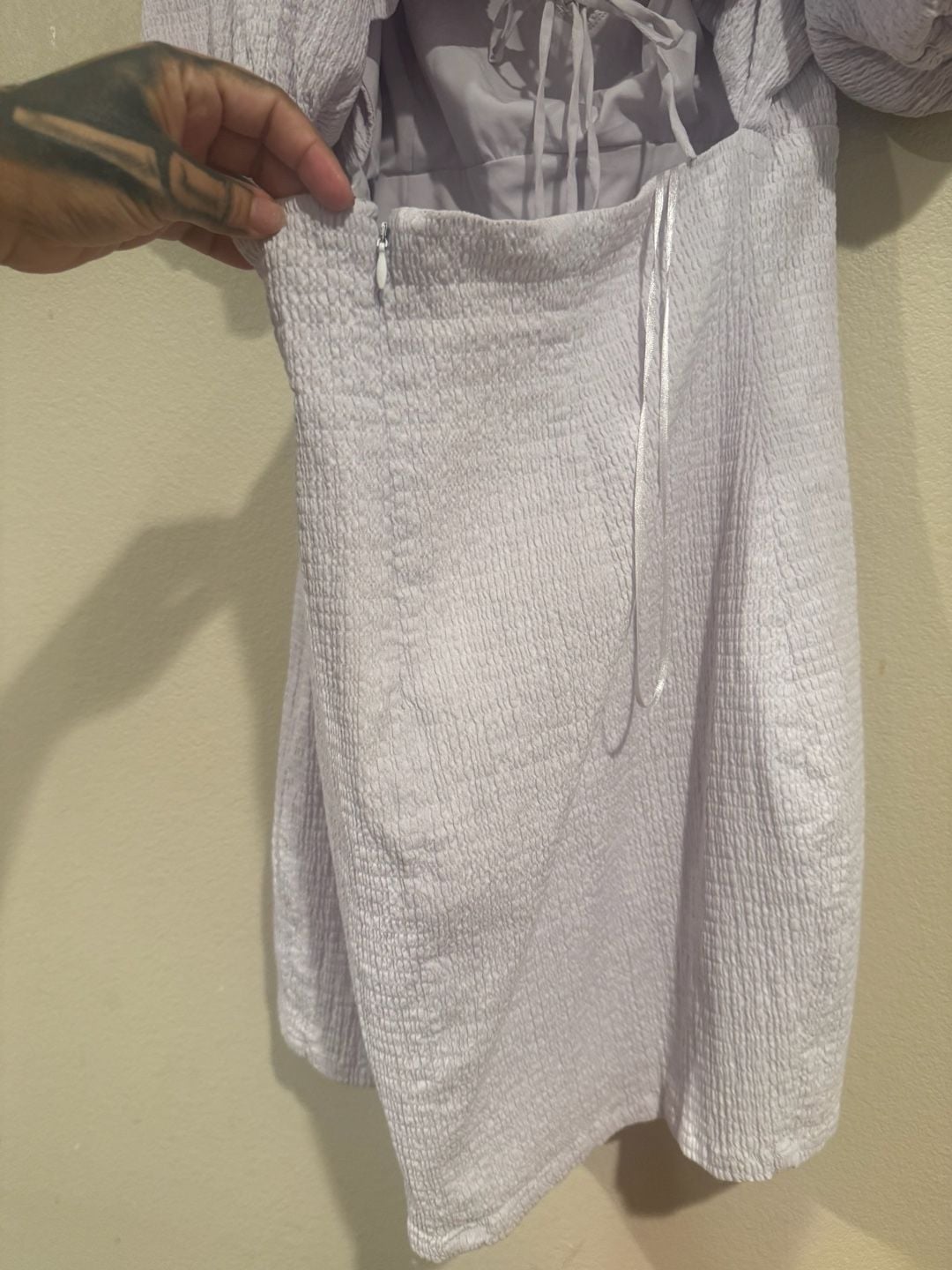 GUESS Lilac Shirred Puff Sleeve Mini Dress with Tie Back Sz.XL 6