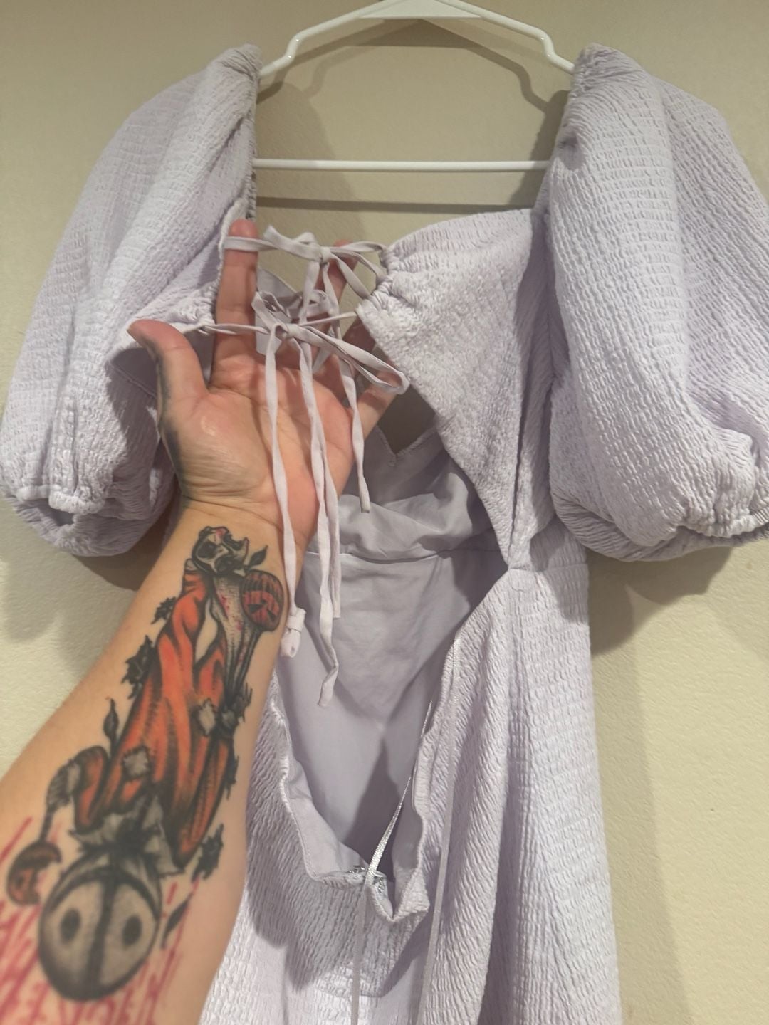 GUESS Lilac Shirred Puff Sleeve Mini Dress with Tie Back Sz.XL 8