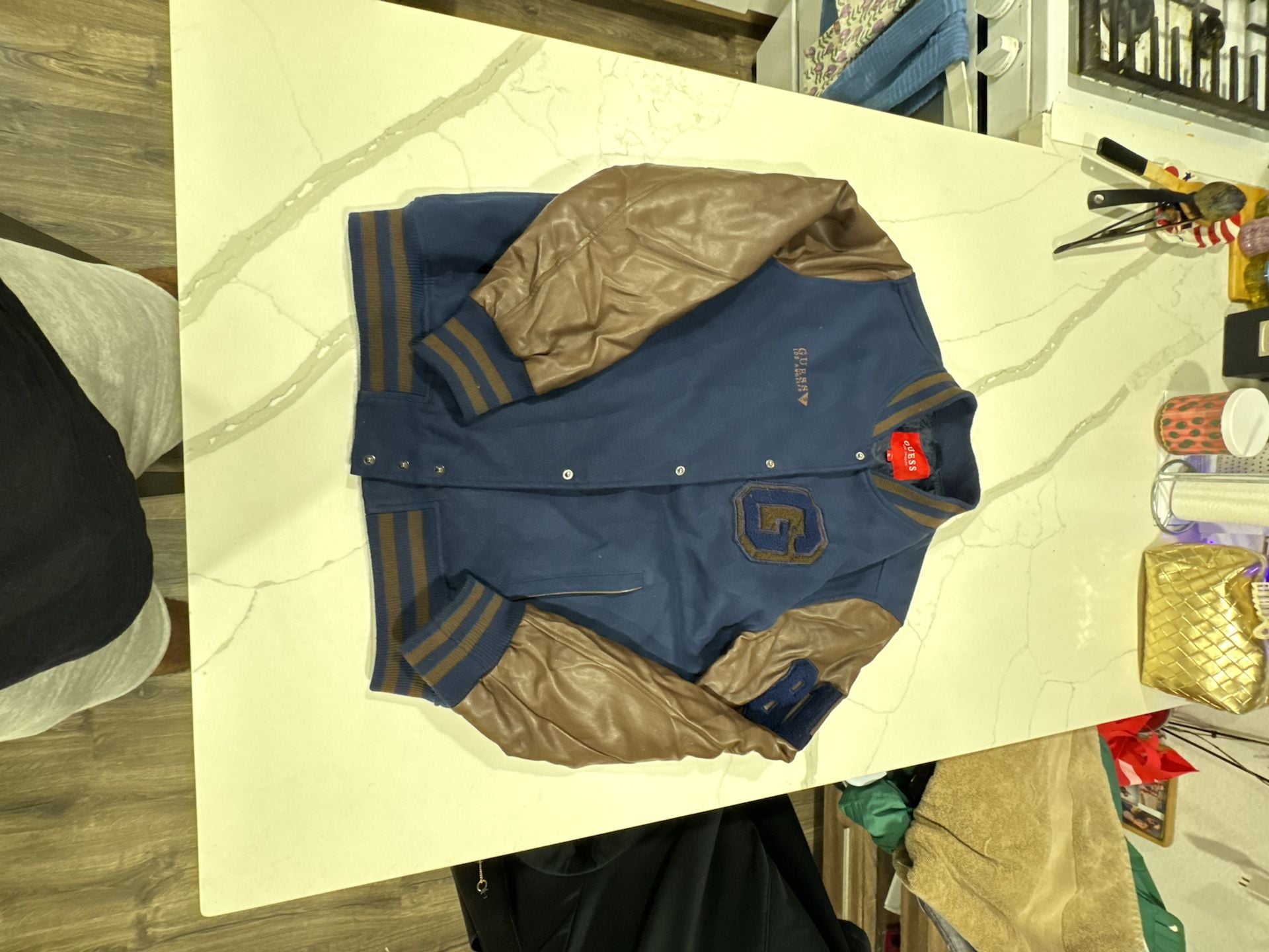 Guess Los Angeles Navy Blue and Brown Faux Leather Varsity Jacket 4