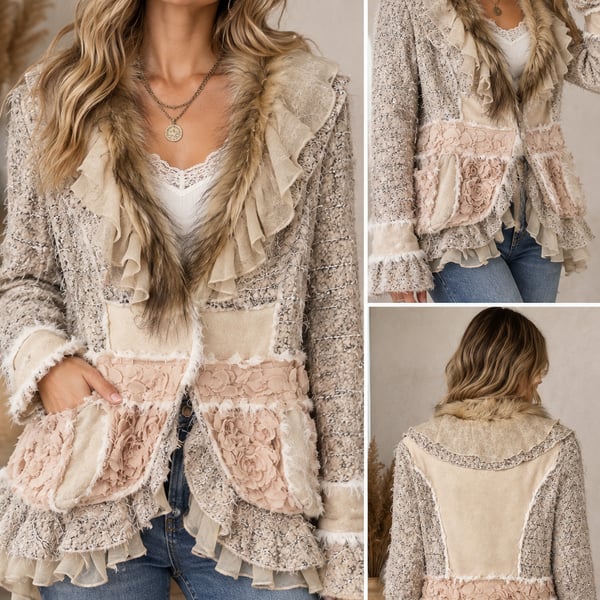 Passion Concept Boho Faux Fur Trimmed Ruffle Knit Jacket Size Large