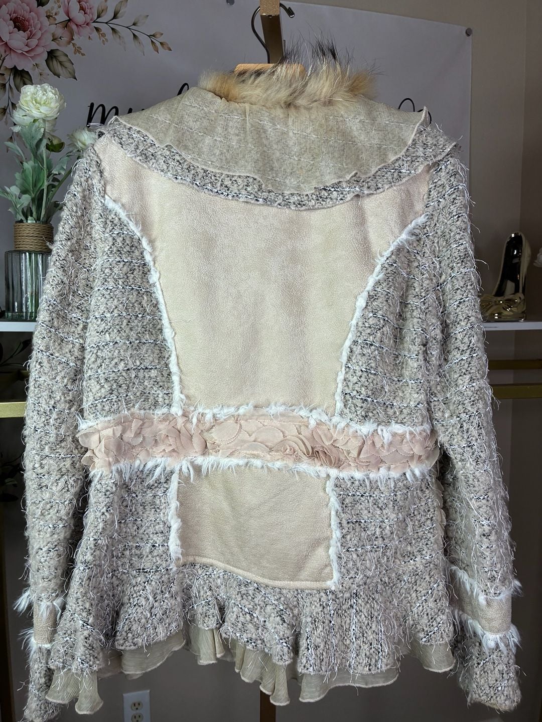 Passion Concept Boho Faux Fur Trimmed Ruffle Knit Jacket Size Large 7
