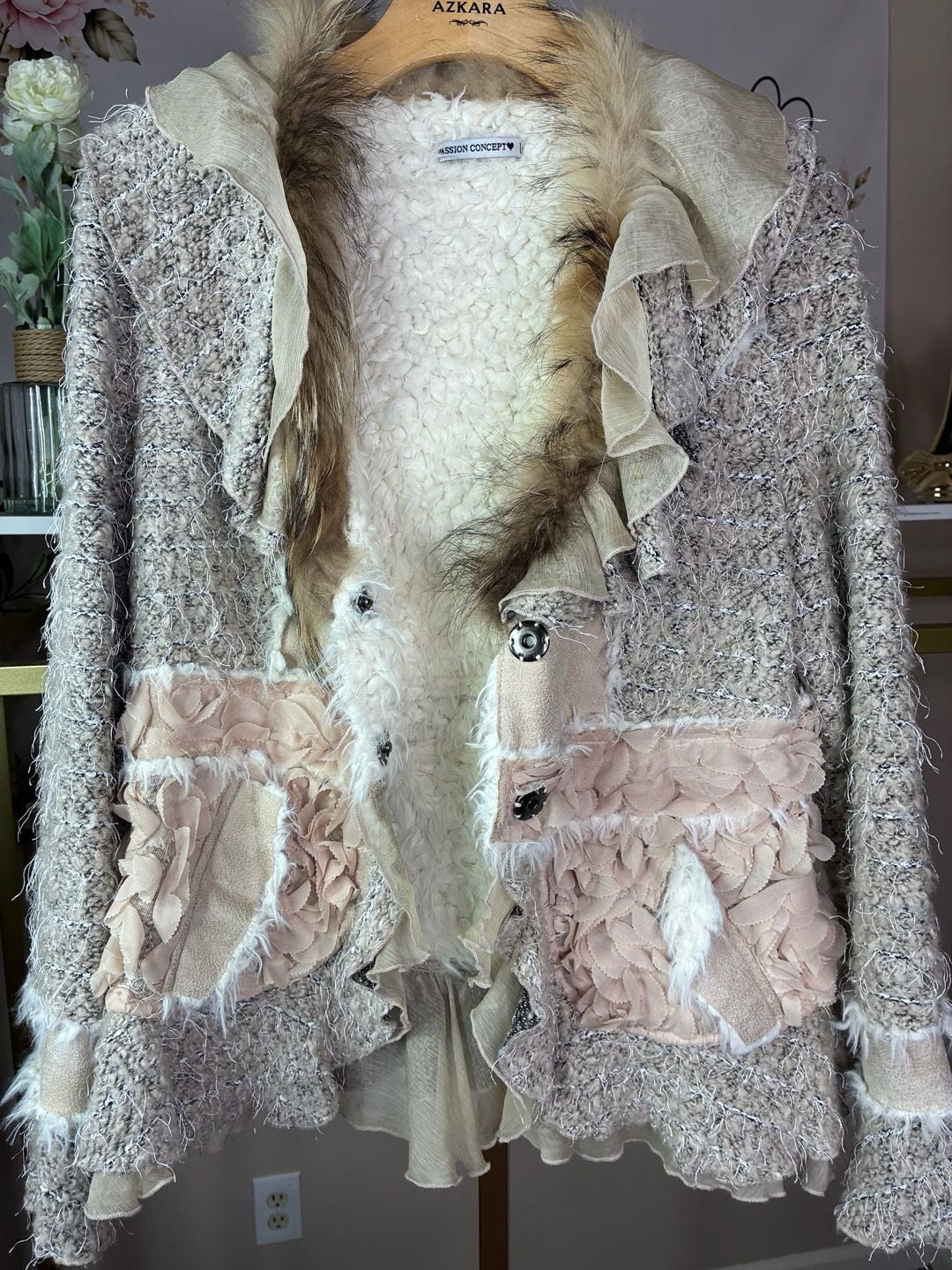 Passion Concept Boho Faux Fur Trimmed Ruffle Knit Jacket Size Large 11