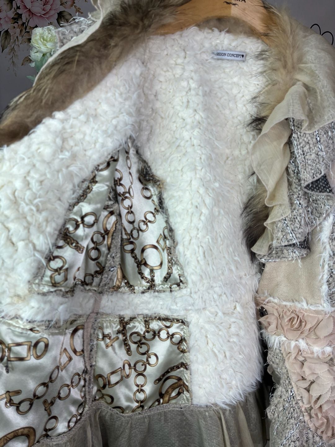 Passion Concept Boho Faux Fur Trimmed Ruffle Knit Jacket Size Large 13