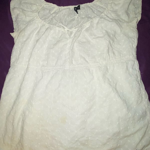 Essentials By ... White Eyelet Cap Sleeve Babydoll Top Size Large 