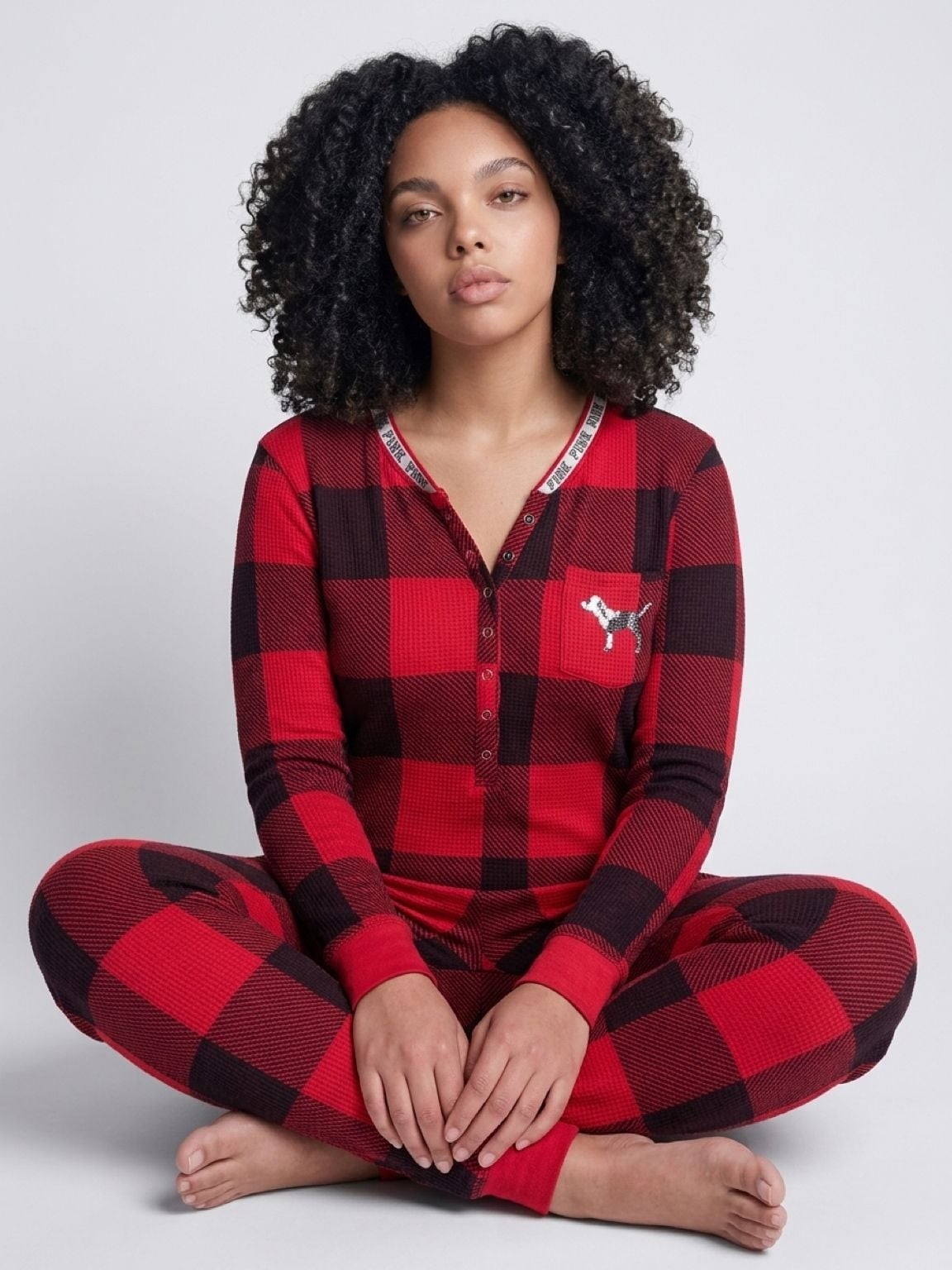 PINK Victoria's Secret Red Black Plaid Sequin Bling Thermal One Piece Pajama 1