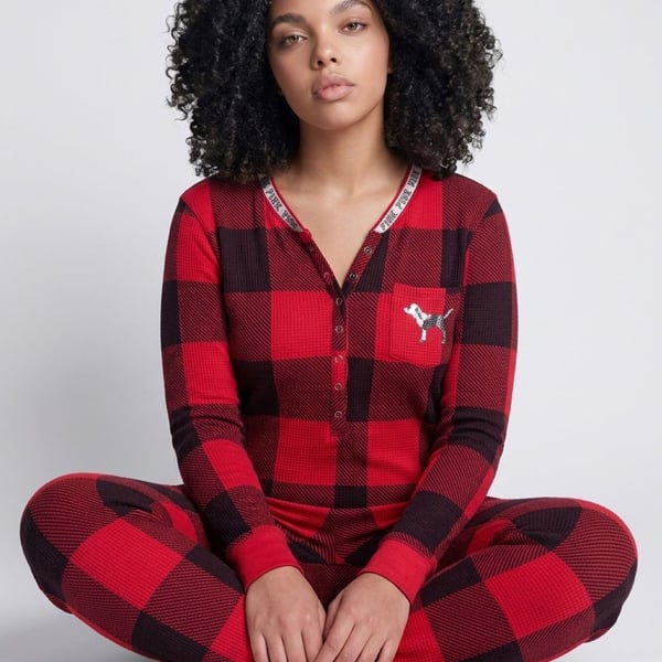 PINK Victoria's Secret Red Black Plaid Sequin Bling Thermal One Piece Pajama