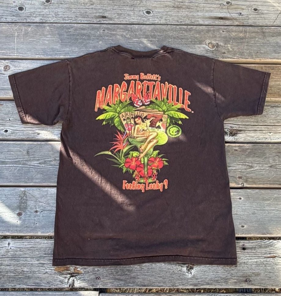 Vintage Jimmy Buffett's Margaritaville Feeling Lucky? Playing Cards T-Shirt Brown Medium 2