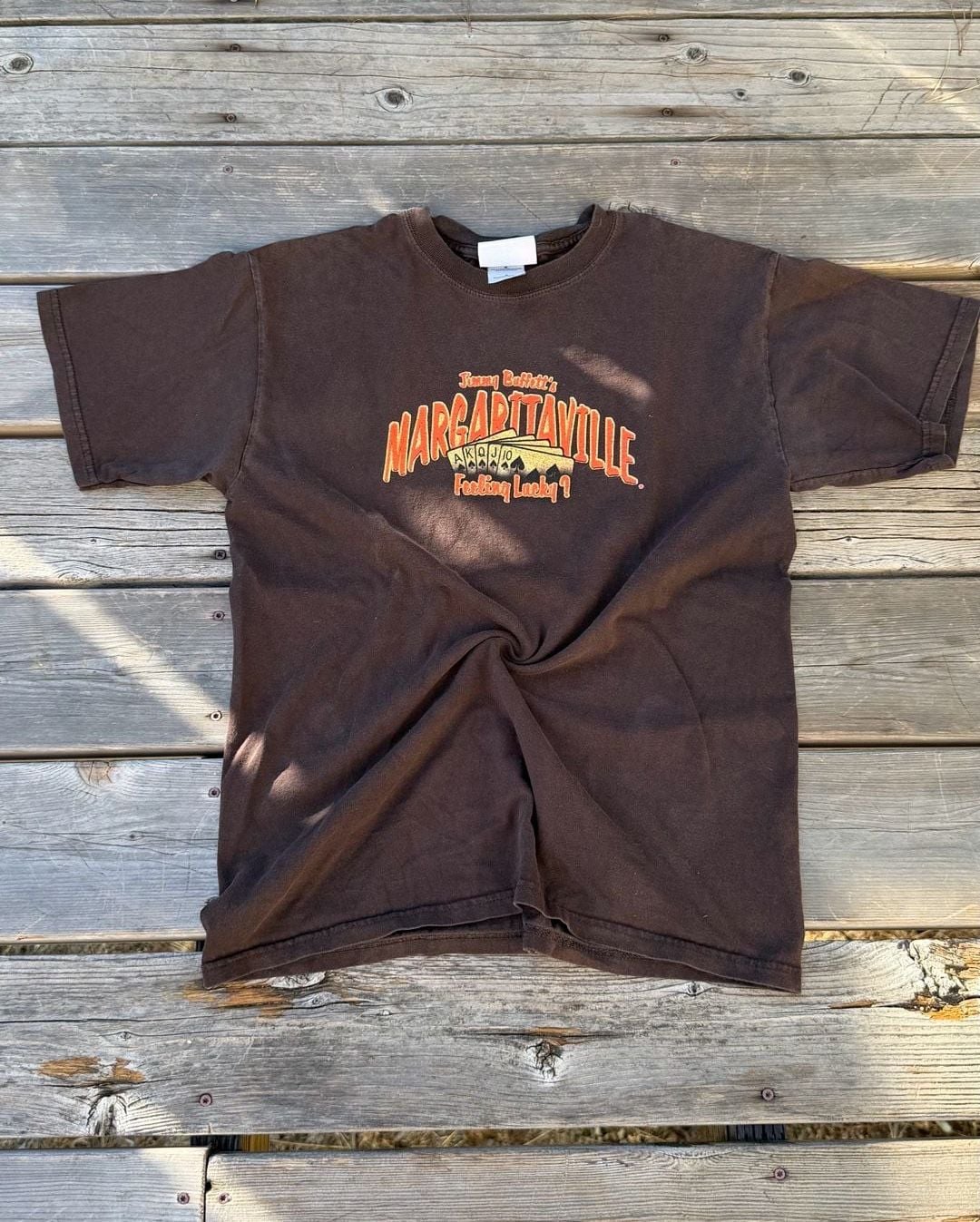 Vintage Jimmy Buffett's Margaritaville Feeling Lucky? Playing Cards T-Shirt Brown Medium 4