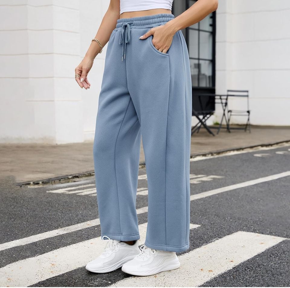 GaoCold Barrel Sweatpants Women Fleece Lined Wide Leg Drawstring Pants Blue 3
