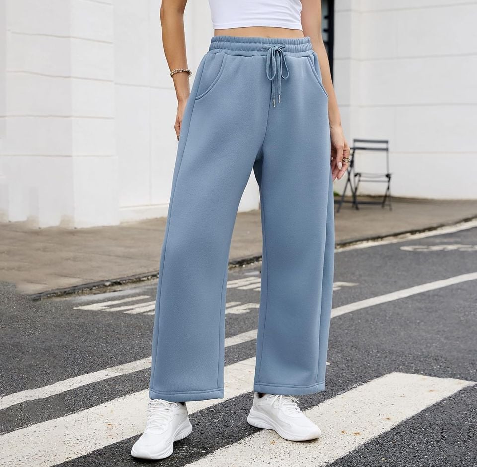 GaoCold Barrel Sweatpants Women Fleece Lined Wide Leg Drawstring Pants Blue 4