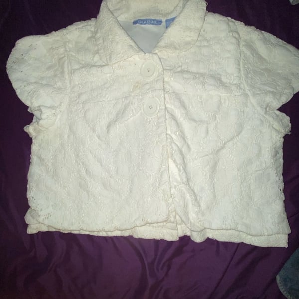 Cara Ryan Ivory White Lace Short Sleeve Crop Button Jacket Blazer XL